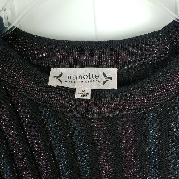 Nanette Lepore Metallic Fit Flare Dress Womens Medium Black Striped 3/4 Sleeve - Picture 11 of 15